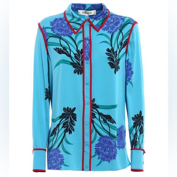 Diane Von Furstenberg Contrasting Piping Floral Silk Shirt Farren Marine Size 8 - Picture 5 of 14